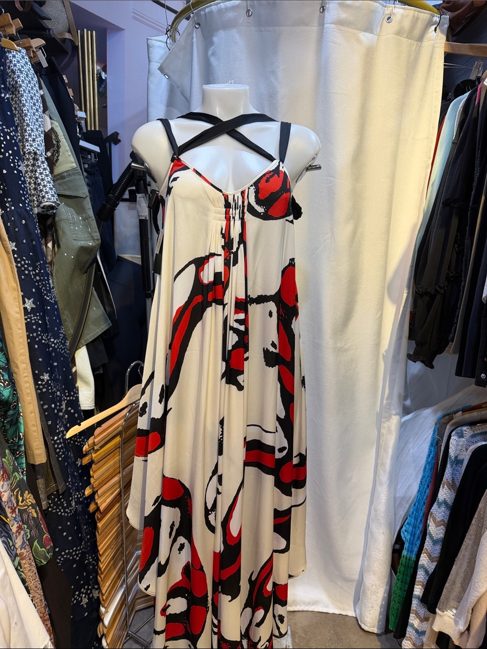 By Malene Birger White Maxi Dress with Red & Black Abstract Print
